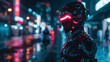 Symphonie cybernétique : un cyborg de science-fiction dans une métropole cyberpunk éclairée au néon et conçue par l'IA générative