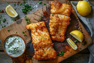 Wall Mural - Savory Beer-Battered Fish on Wood with Tartar Sauce and Lemon