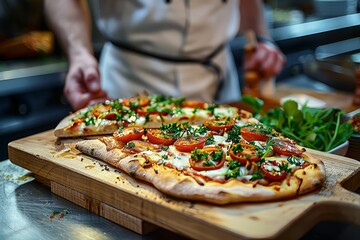 Wall Mural - Artisan Flammkuchen Garnished with Fresh Herbs by Chef