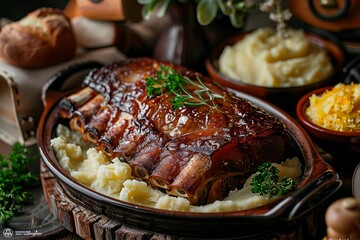 Wall Mural - Roasted Pork Hock with Garnishes on Ceramic Platter, hearty meal presentation