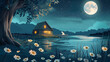 Nuits d'été sereines : une maison confortable au bord du lac tranquille, illustration vectorielle d'un ami félin au milieu de fleurs de marguerites et d'un ciel éclairé par la lune