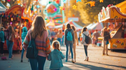 A crowd of people in jeans leisurely walks down a city street, enjoying the fun-filled carnival event happening along the road. AIG41