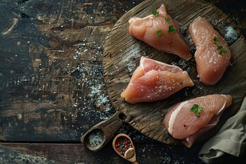 Wall Mural - Fresh fish fillets displayed on a wooden cutting board for food preparation