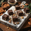 Marble board displays chocolate fudge with nuts fudge candy cut into pieces on a chopping board