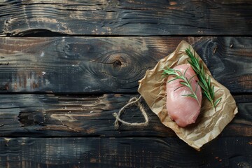 Wall Mural - A piece of raw chicken breast placed on top of a piece of paper on a dark wooden table