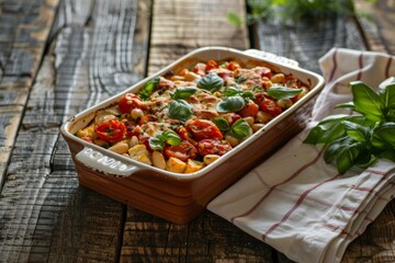 Wall Mural - A casserole dish is placed on a wooden table, showcasing a Savory Romano Bean Casserole with Tomato Garlic Sauce in a commercial food photo