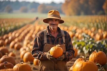 a farmer working in pumpkin patch field