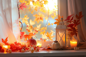 Sticker - Cozy Autumn Vibes with Warm Candles and Maple Leaves on a Window Sill