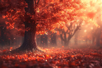 Sticker - Enchanted Autumn Forest Scene with Sunlight Filtering Through Crimson Leaves