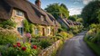 A picturesque lane meanders through an idyllic English village, lined with charming thatched cottages and vibrant, blooming gardens at sunset. Resplendent.