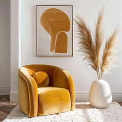 Wall Mural - An armchair in mustard yellow velvet, next to it is pampas grass and on the wall above hangs modern abstract art in the style of beige tones. The interior style features minimalism with soft lighting.