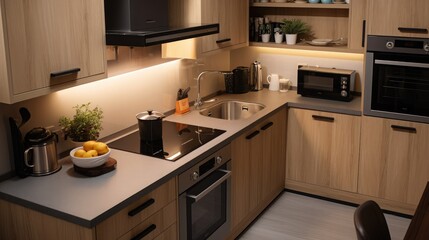 Wall Mural - High angle view of a modern compact fitted kitchen with wooden cabinets, stone countertops and built in stove and hob with small appliances on the work surface