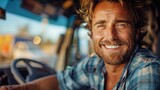 Fototapeta  - Smiling Man Driving Truck