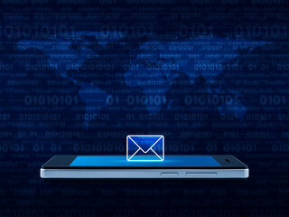 Wall Mural - email icon on modern smart mobile phone screen over world map and computer binary code blue background, Technology communication online concept, Elements of this image furnished by NASA