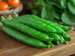 Wall Mural - raw pea pods on wooden background