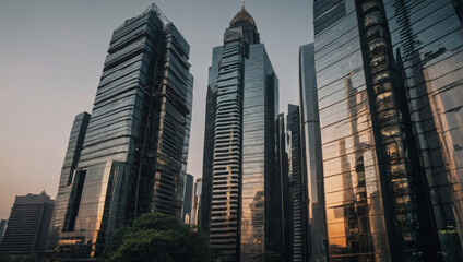 Sticker - Reflective Skyscrapers and Office Buildings Forming an Impressive Cityscape.