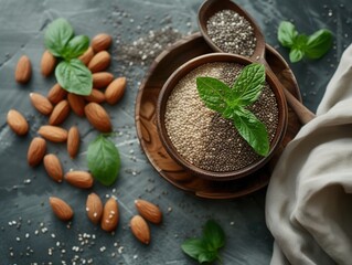 Wall Mural - raw chia grains in a plate top view