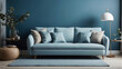Entspannendes Wohnzimmer mit blauem Sofa und skandinavischem Flair für Hygge-Wohlbefinden