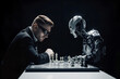 Businessman and AI robot playing chess. Concept of human and robot war in future