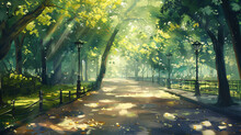 Walkway In Green Park With Sunlight Illustration Paint