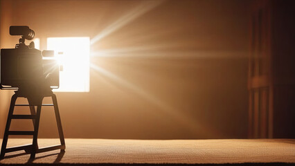 Wall Mural - Silhouette of a vintage film camera on a tripod backlit by a strong sunbeam through a window, creating striking contrasts. Copy space for text or advertisement 