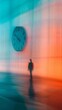 creative photo with a clock and a man on a blurred background in orange tones. concept of wasting time, life passes