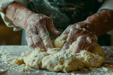 Wall Mural - a person's hands mixing and kneading dough for homemade bread or pastries