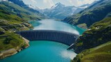 Fototapeta  - A sustainable hydroelectricity source in the Swiss Alps using a dam and lake to reduce carbon emissions and combat climate change, seen from above during summer.