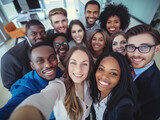 Fototapeta Sport - Multicultural happy people taking group selfie portrait in the office, diverse people celebrating together, Happy lifestyle, start-up and teamwork concept