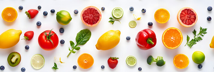 Wall Mural - white background, marketing material, healthy food, fresh fruit and vegetables, simple, in neat and precise order, 