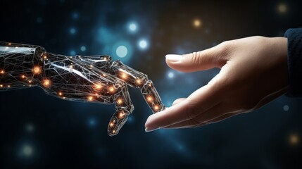 Hands of robot and human touching on big data network connection, Science and artificial intelligence technology, innovation and futuristic, AI, Machine learning