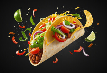 fresh hot taco with flying ingredients isolated on black background, hot ready to serve and eat banner with copy space empty area