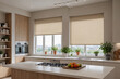 © SOLOTU - Beige blackout roller blind on windows in stylish modern kitchen. Shutters on the plastic window.