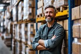 Fototapeta Sport - Cheerful warehouse manager standing next to a stack of cardboard boxes