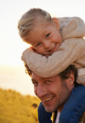 Canvas Print - Nature, sunset and portrait of father and child on holiday, vacation and adventure outdoors. Happy family, summer and child on shoulders of dad for bonding, relationship and fun together on weekend