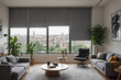 © SOLOTU - Gray blackout roller blind on windows in stylish modern living room. Shutters on the plastic window.