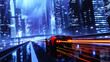 Urban Velocity: Car Speeding Through Colorful City Lights at Night