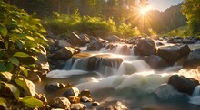 The Tranquil Mountain Stream Winds Its Way Through The Lush Forest, Its Crystal Clear Waters Reflecting The Vibrant Colors Of The Setting Sun