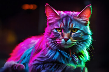 Closeup of psychedelic cat sitting isolated on dark background for t-shirt, sticker, logo, mug print. Cartoon character image. Surreal fantasy with ethereal visuals and whimsical color blends