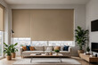 © SOLOTU - Beige blackout roller blind on windows in stylish modern living room. Shutters on the plastic window.