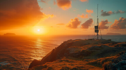 Wall Mural - A beautiful sunset over the ocean with a small tower in the distance