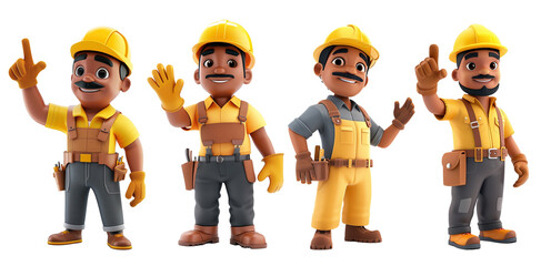 Wall Mural - Set of 3d cartoon construction worker with yellow shirt and helmet waving hand in various pose isolated on transparent background, png files.