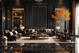 Fototapeta Sport - Luxury classical style superior black living room interior 3d render ,There are black marble floor black leather furniture ,decorated with golden plam tree