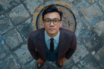 Wall Mural - top view photo of an asian business man in a suit looking up at the camera