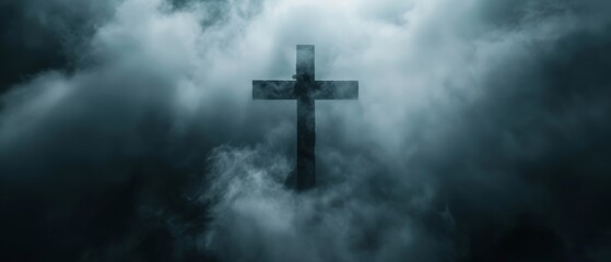  a cross in the middle of a dark cloudy sky with a bright light shining through the clouds on the top of it.
