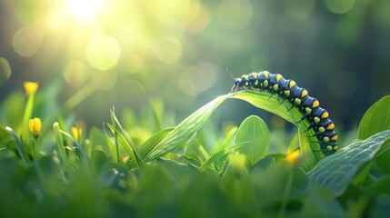  a close up of a caterpillar on a leaf in a field of grass with the sun in the background.