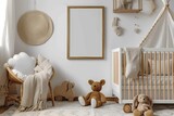 Fototapeta Zwierzęta - Stylish scandinavian newborn baby room with brown wooden mock up poster frame, toys, plush animal and child accessories