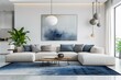 This minimalist, scandinavian-inspired living room interior radiates a tranquil atmosphere, with its cozy couch and stylish coffee table providing a modern, yet inviting aesthetic