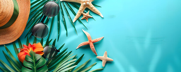 Wall Mural - Top view flat lay of a summer background featuring starfish, oranges, beach hat, glasses, and palm leaves. A blue turquoise summer composition with space for copy or text.
