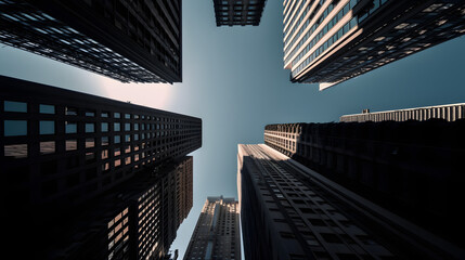 Looking up at high rise office building architecture against blue sky in the financial district of a modern metropolis